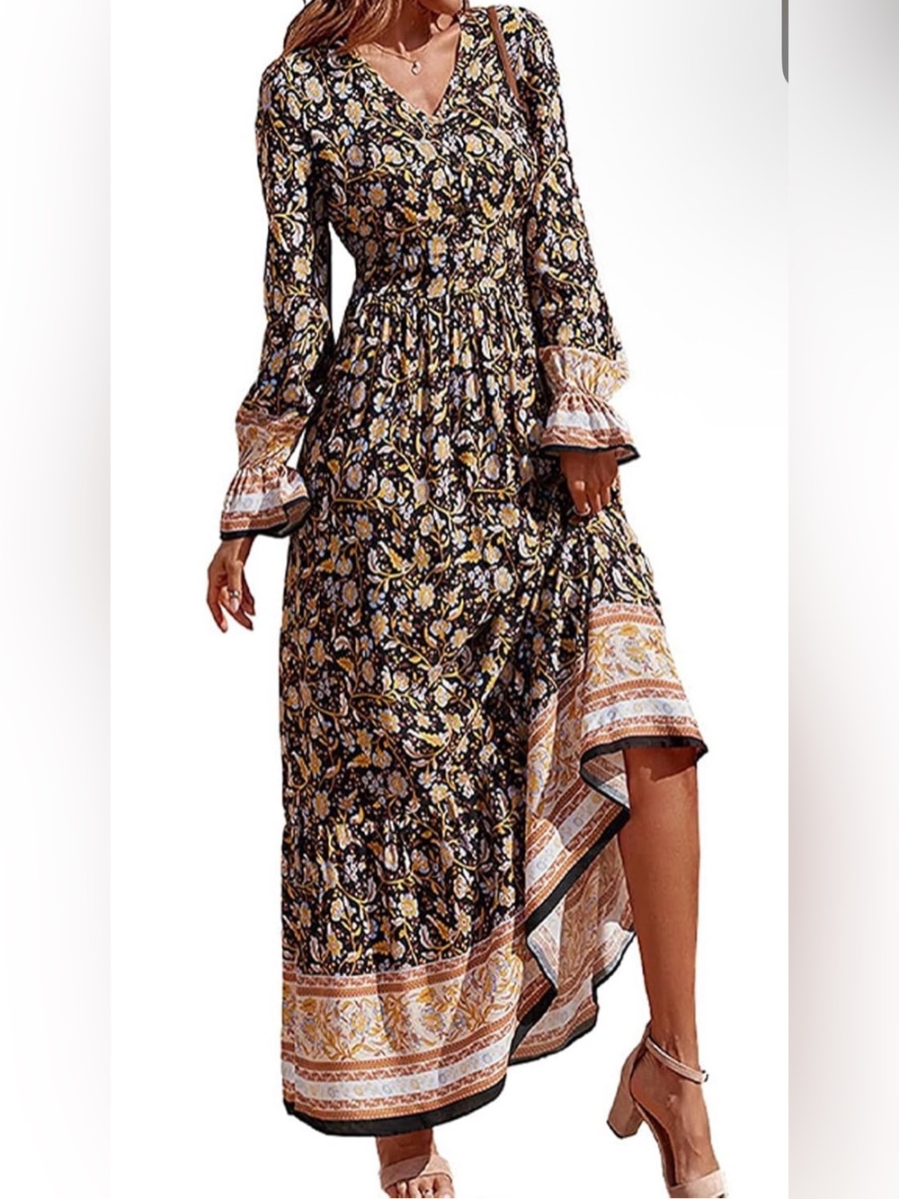 A144 Bohemian Floral Long Sleeve Maxi V neck Dress in Black & Tan NWT - Picture 2 of 4